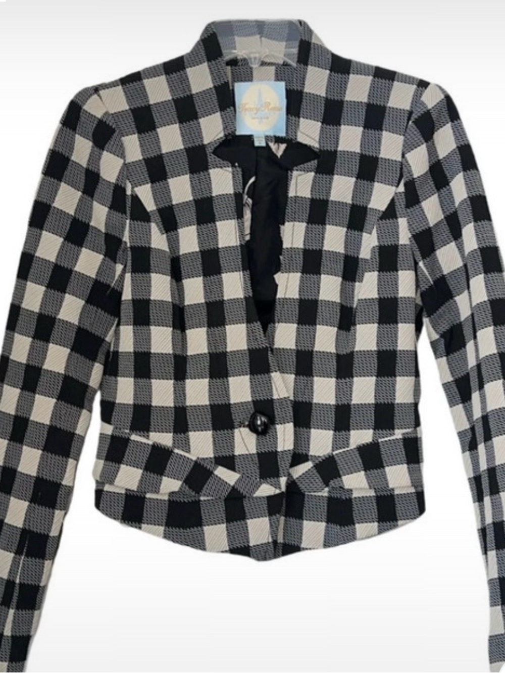Tracy Reese Black and Off White Checked Blazer Cropped Jacket